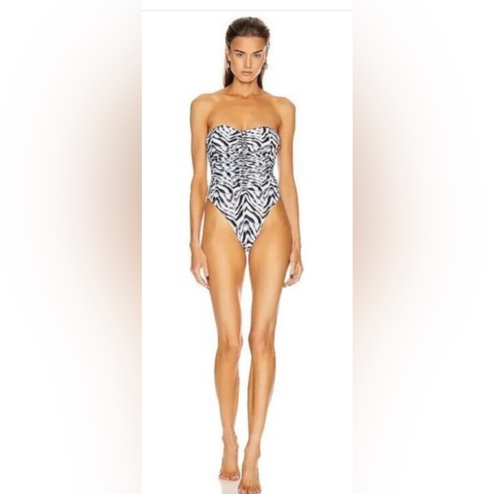 Norma Kamali Slinky Marissa Swimsuit Chevron Zebra Grey White Resort XL NWT
